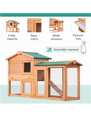 PawHut Rabbit 2 Tier Fir Wood Small Animal Hutch Guinea Pigs Hutches w/ Ramp Brown