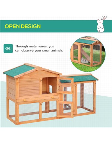 PawHut Rabbit 2 Tier Fir Wood Small Animal Hutch Guinea Pigs Hutches w/ Ramp Brown