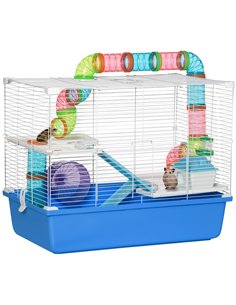 PawHut Hamster Cage, Gerbil Cage 3 Tier for Dwarf Hamster with Tube, Exercise Wheel, Water Bottle, Food Dish 59 x 36 x 47 cm- Bl