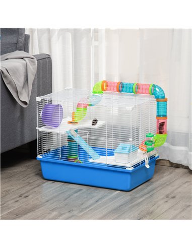 PawHut Hamster Cage, Gerbil Cage 3 Tier for Dwarf Hamster with Tube, Exercise Wheel, Water Bottle, Food Dish 59 x 36 x 47 cm- Bl