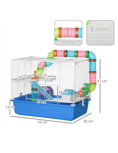 PawHut Hamster Cage, Gerbil Cage 3 Tier for Dwarf Hamster with Tube, Exercise Wheel, Water Bottle, Food Dish 59 x 36 x 47 cm- Bl