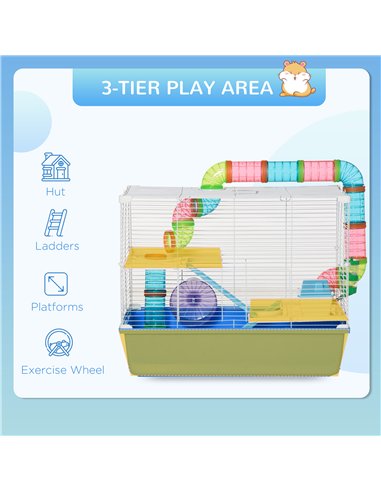 PawHut Hamster Cage, Gerbil Cage 3 Tier for Dwarf Hamster with Tube, Exercise Wheel, Water Bottle, Food Dish 59 x 36 x 47 cm- Bl