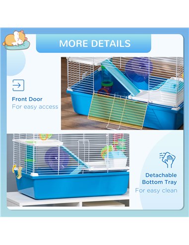 PawHut Hamster Cage, Gerbil Cage 3 Tier for Dwarf Hamster with Tube, Exercise Wheel, Water Bottle, Food Dish 59 x 36 x 47 cm- Bl