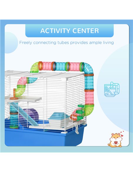 PawHut Hamster Cage, Gerbil Cage 3 Tier for Dwarf Hamster with Tube, Exercise Wheel, Water Bottle, Food Dish 59 x 36 x 47 cm- Bl - pic 158466 | FastDaddyshop