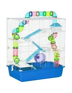 PawHut 5 Tier Hamster Cage, Gerbil Cage with Tube, Water Bottle, Exercise Wheel, Food Dish, 59L x 36W x 69H cm - Blue