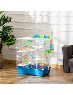 PawHut 5 Tier Hamster Cage, Gerbil Cage with Tube, Water Bottle, Exercise Wheel, Food Dish, 59L x 36W x 69H cm - Blue 2