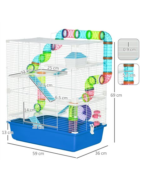 PawHut 5 Tier Hamster Cage, Gerbil Cage with Tube, Water Bottle, Exercise Wheel, Food Dish, 59L x 36W x 69H cm - Blue - pic 158471 | FastDaddyshop