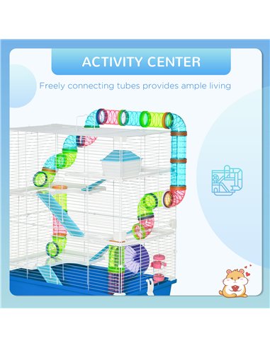 PawHut 5 Tier Hamster Cage, Gerbil Cage with Tube, Water Bottle, Exercise Wheel, Food Dish, 59L x 36W x 69H cm - Blue
