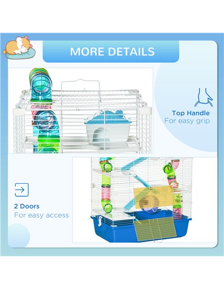 PawHut 5 Tier Hamster Cage, Gerbil Cage with Tube, Water Bottle, Exercise Wheel, Food Dish, 59L x 36W x 69H cm - Blue - pic 158475 | FastDaddyshop