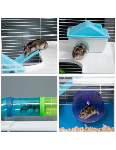 PawHut 5 Tier Hamster Cage, Gerbil Cage with Tube, Water Bottle, Exercise Wheel, Food Dish, 59L x 36W x 69H cm - Blue