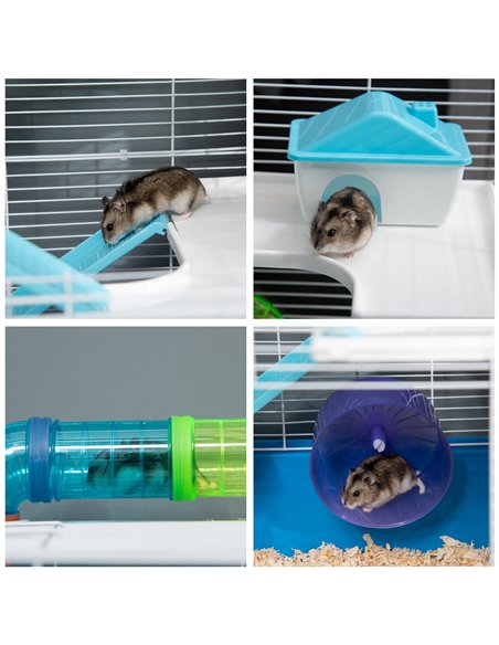 PawHut 5 Tier Hamster Cage, Gerbil Cage with Tube, Water Bottle, Exercise Wheel, Food Dish, 59L x 36W x 69H cm - Blue - pic 158476 | FastDaddyshop