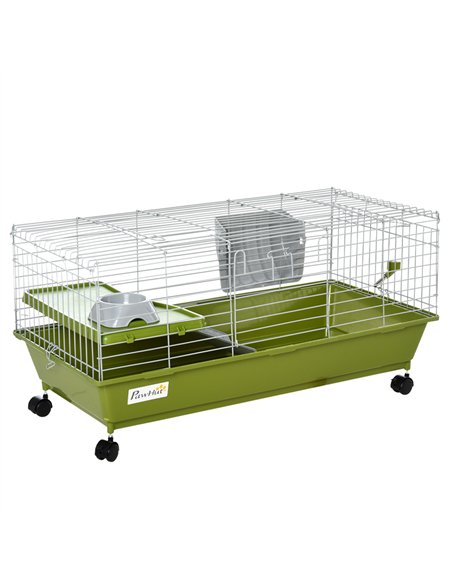 PawHut Small Animal Cage Rabbit Guinea Pigs Chinchillas Cage w/ Wheels Water Bottle Food Dish Platform Ramp 89 x 44 x 43 cm Gree - pic 158478 | FastDaddyshop