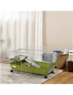PawHut Small Animal Cage Rabbit Guinea Pigs Chinchillas Cage w/ Wheels Water Bottle Food Dish Platform Ramp 89 x 44 x 43 cm Gree 2