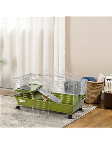 PawHut Small Animal Cage Rabbit Guinea Pigs Chinchillas Cage w/ Wheels Water Bottle Food Dish Platform Ramp 89 x 44 x 43 cm Gree
