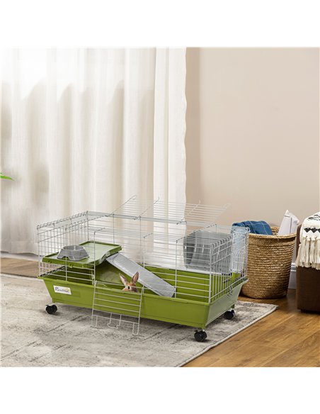 PawHut Small Animal Cage Rabbit Guinea Pigs Chinchillas Cage w/ Wheels Water Bottle Food Dish Platform Ramp 89 x 44 x 43 cm Gree - pic 158479 | FastDaddyshop