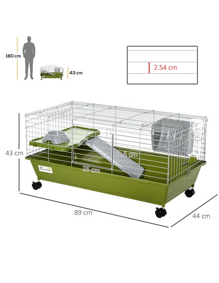 PawHut Small Animal Cage Rabbit Guinea Pigs Chinchillas Cage w/ Wheels Water Bottle Food Dish Platform Ramp 89 x 44 x 43 cm Gree - pic 158480 | FastDaddyshop