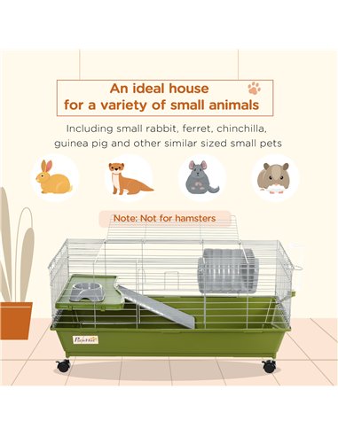 PawHut Small Animal Cage Rabbit Guinea Pigs Chinchillas Cage w/ Wheels Water Bottle Food Dish Platform Ramp 89 x 44 x 43 cm Gree