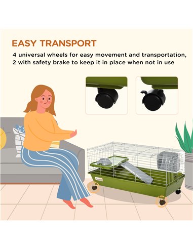 PawHut Small Animal Cage Rabbit Guinea Pigs Chinchillas Cage w/ Wheels Water Bottle Food Dish Platform Ramp 89 x 44 x 43 cm Gree