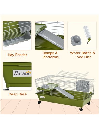 PawHut Small Animal Cage Rabbit Guinea Pigs Chinchillas Cage w/ Wheels Water Bottle Food Dish Platform Ramp 89 x 44 x 43 cm Gree