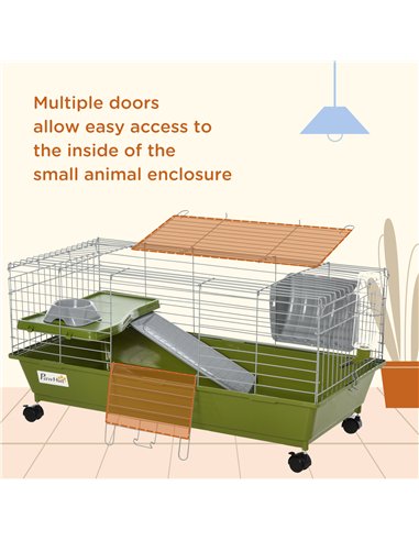 PawHut Small Animal Cage Rabbit Guinea Pigs Chinchillas Cage w/ Wheels Water Bottle Food Dish Platform Ramp 89 x 44 x 43 cm Gree