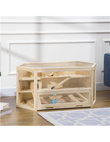 PawHut 3 Tier Wooden Large Hamster Cage with Sliding Tray, Seesaws, Water Bottle, Natural