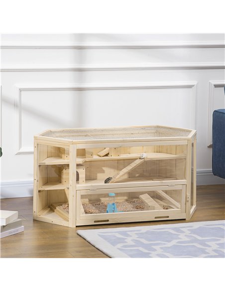 PawHut 3 Tier Wooden Large Hamster Cage with Sliding Tray, Seesaws, Water Bottle, Natural - pic 158488 | FastDaddyshop