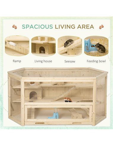 PawHut 3 Tier Wooden Large Hamster Cage with Sliding Tray, Seesaws, Water Bottle, Natural