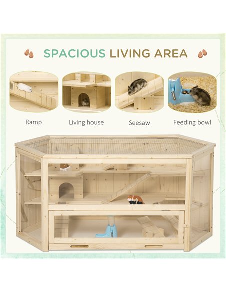 PawHut 3 Tier Wooden Large Hamster Cage with Sliding Tray, Seesaws, Water Bottle, Natural - pic 158490 | FastDaddyshop
