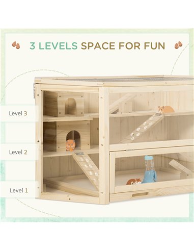 PawHut 3 Tier Wooden Large Hamster Cage with Sliding Tray, Seesaws, Water Bottle, Natural