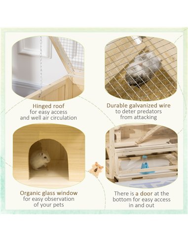 PawHut 3 Tier Wooden Large Hamster Cage with Sliding Tray, Seesaws, Water Bottle, Natural