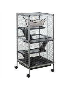 PawHut Small Animal Cage with Wheels Pet Home for Chinchillas Ferrets Kittens, with Hammock, 4 Platforms, Removable Tray, Silver