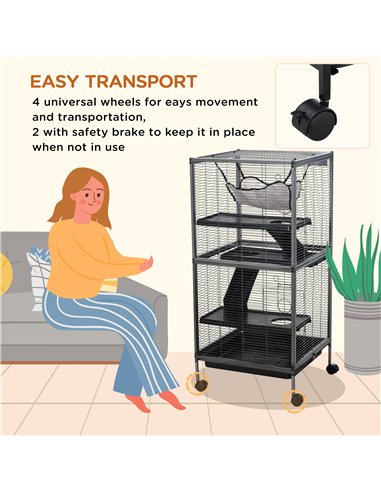 PawHut Small Animal Cage with Wheels Pet Home for Chinchillas Ferrets Kittens, with Hammock, 4 Platforms, Removable Tray, Silver