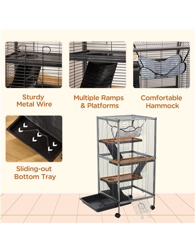 PawHut Small Animal Cage with Wheels Pet Home for Chinchillas Ferrets Kittens, with Hammock, 4 Platforms, Removable Tray, Silver
