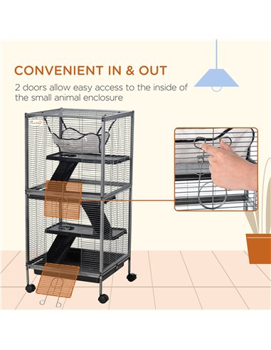 PawHut Small Animal Cage with Wheels Pet Home for Chinchillas Ferrets Kittens, with Hammock, 4 Platforms, Removable Tray, Silver