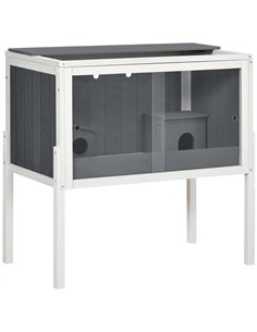 PawHut Wooden Hamster Cage for Dwarf Hamsters, Gerbils, Rutin Chicken, with Shelf, Two Huts - Grey