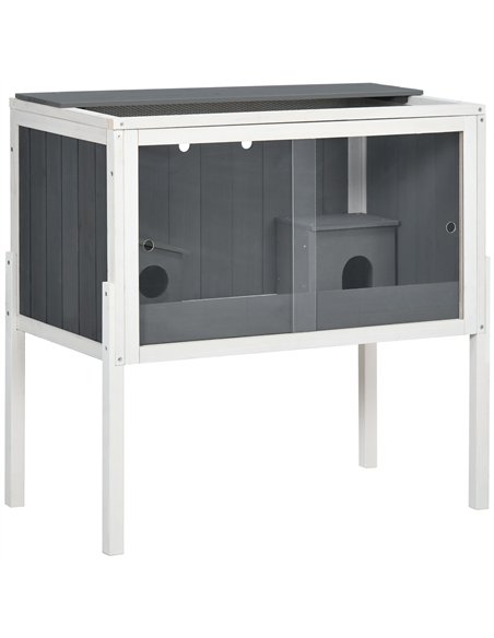 PawHut Wooden Hamster Cage for Dwarf Hamsters, Gerbils, Rutin Chicken, with Shelf, Two Huts - Grey - pic 158505 | FastDaddyshop
