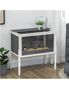 PawHut Wooden Hamster Cage for Dwarf Hamsters, Gerbils, Rutin Chicken, with Shelf, Two Huts - Grey 2