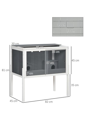 PawHut Wooden Hamster Cage for Dwarf Hamsters, Gerbils, Rutin Chicken, with Shelf, Two Huts - Grey