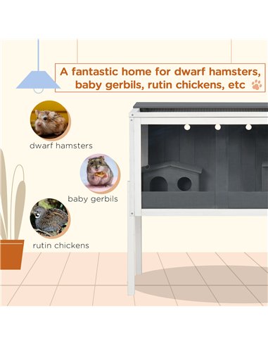PawHut Wooden Hamster Cage for Dwarf Hamsters, Gerbils, Rutin Chicken, with Shelf, Two Huts - Grey