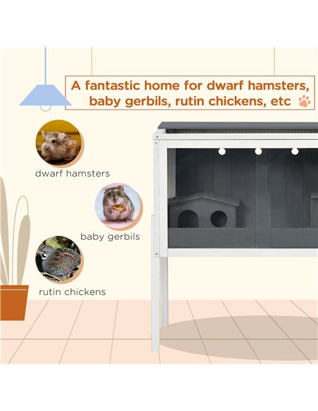 PawHut Wooden Hamster Cage for Dwarf Hamsters, Gerbils, Rutin Chicken, with Shelf, Two Huts - Grey - pic 158508 | FastDaddyshop