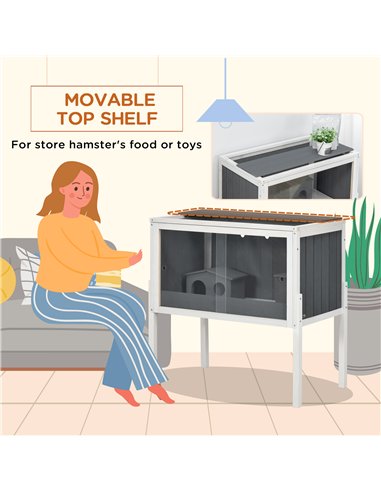 PawHut Wooden Hamster Cage for Dwarf Hamsters, Gerbils, Rutin Chicken, with Shelf, Two Huts - Grey