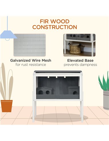 PawHut Wooden Hamster Cage for Dwarf Hamsters, Gerbils, Rutin Chicken, with Shelf, Two Huts - Grey