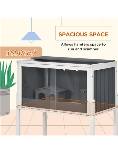 PawHut Wooden Hamster Cage for Dwarf Hamsters, Gerbils, Rutin Chicken, with Shelf, Two Huts - Grey