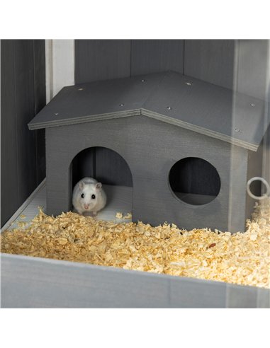 PawHut Wooden Hamster Cage for Dwarf Hamsters, Gerbils, Rutin Chicken, with Shelf, Two Huts - Grey