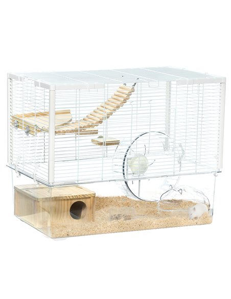 PawHut Hamster Cage, Gerbil Cage with Wooden Ramp, Exercise Wheel, Food Bowl - White - pic 158514 | FastDaddyshop