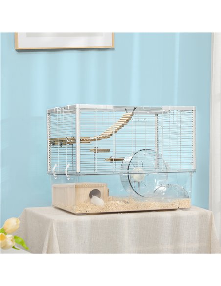 PawHut Hamster Cage, Gerbil Cage with Wooden Ramp, Exercise Wheel, Food Bowl - White - pic 158515 | FastDaddyshop