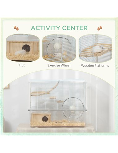 PawHut Hamster Cage, Gerbil Cage with Wooden Ramp, Exercise Wheel, Food Bowl - White