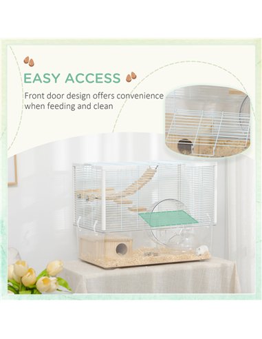 PawHut Hamster Cage, Gerbil Cage with Wooden Ramp, Exercise Wheel, Food Bowl - White