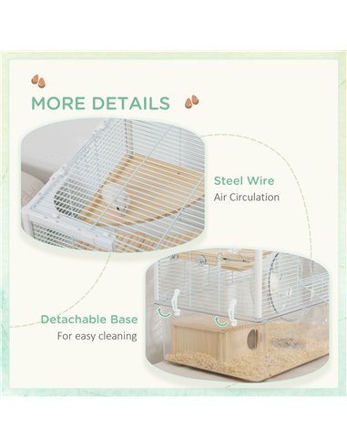 PawHut Hamster Cage, Gerbil Cage with Wooden Ramp, Exercise Wheel, Food Bowl - White
