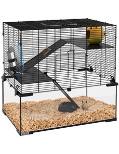 PawHut 3 Tiers Hamster Cage, Gerbil Cage with Deep Glass Bottom, Non-Slip Ramps, Platforms, Hut, Exercise Wheels, Water Bottle, 